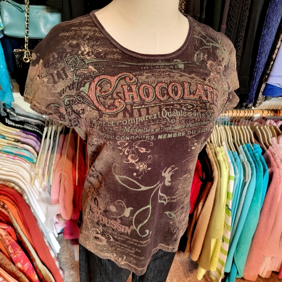 APT 9 ♡ Super-Sweet Brown 'n Tan Cotton Embellished Bling CHOCOLATE Shirt S - Picture 4 of 16